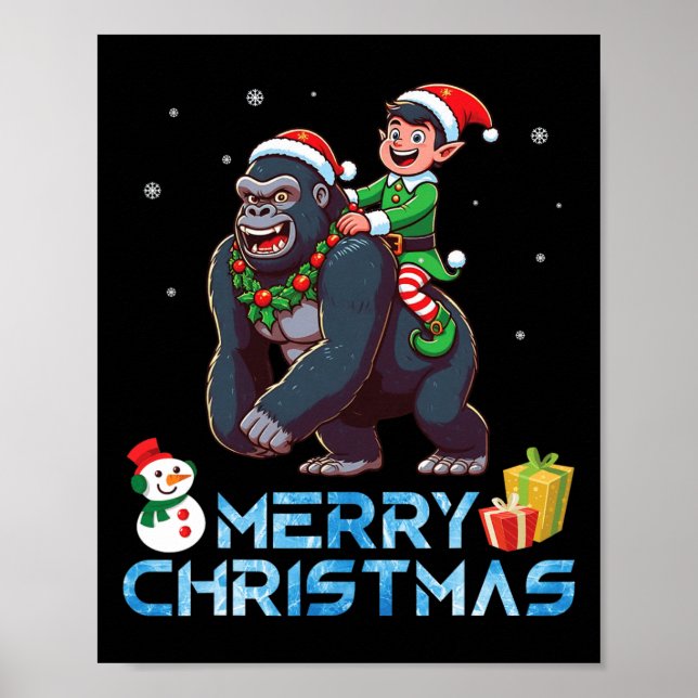Póster Elf Riding Gorilla Snowman presenta Feliz Navidad (Frente)