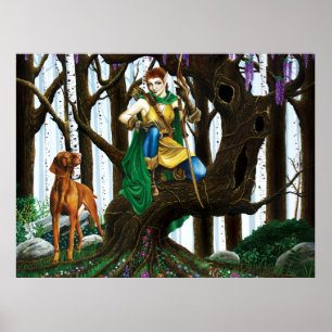 Póster Elfo de fantasía Arquero Perro Vizsla Bosque Encan