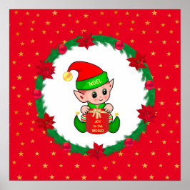 Póster elfo de los navidades, corona de pino, poinsettias