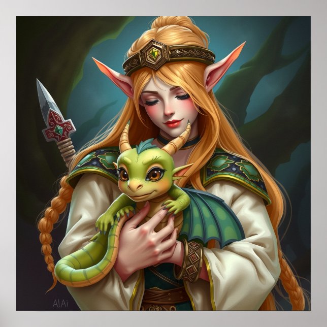 Póster Elfo y dragón bebé (Frente)