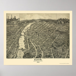 Póster Elgin, mapa panorámico de IL - 1880