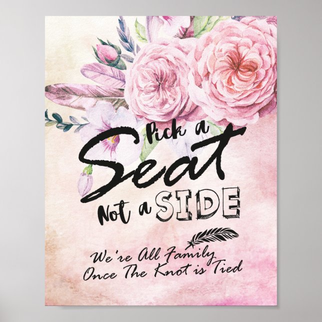 Póster Elige un asiento, no un lado, boda acuarela floral (Frente)