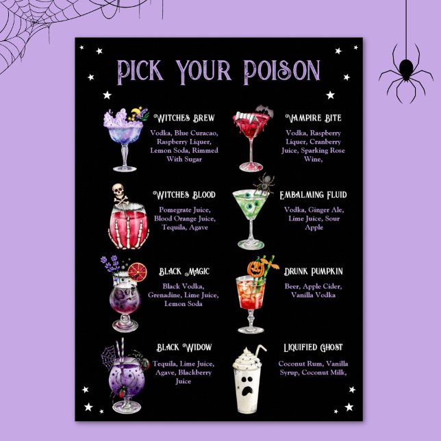 Póster Elija el menú de cócteles de Halloween de envenena (Pick Your Poison Halloween Cocktail Menu Poster)