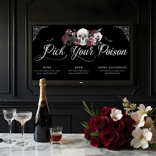 Póster Elija su menú Boda gótico de envenenamiento floral (Pick Your Poison Floral Scull Gothic Wedding Menu Poster)
