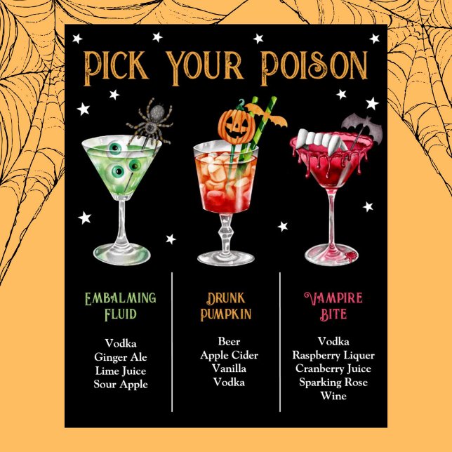 Póster Elija su menú de cócteles Halloween 3 de envenenam (Pick Your Poison Halloween 3 Cocktail Menu Poster)