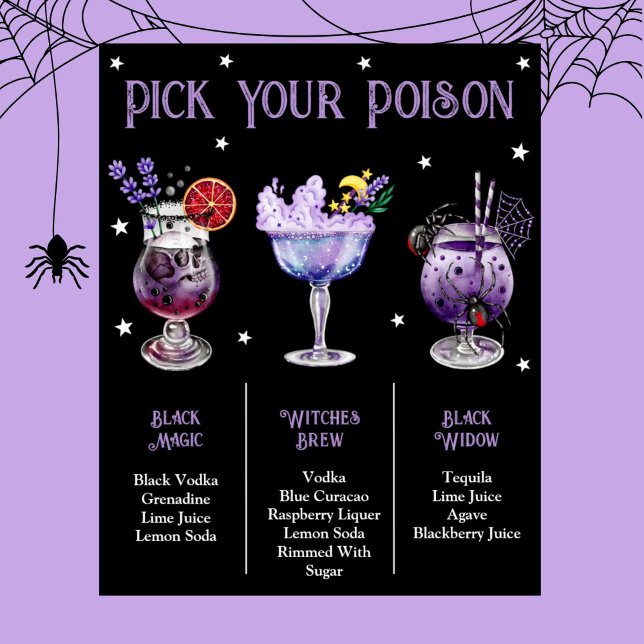 Póster Elija su veneno Witchy Halloween 3 Cocktail Menú (Pick Your Poison Witchy Halloween 3 Cocktail Menu Poster)
