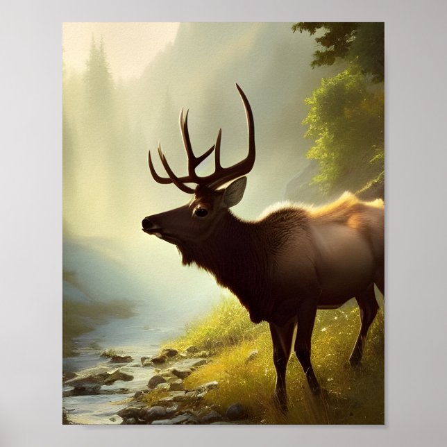 Póster Elk by A Forest Stream Digital Art Print (Frente)