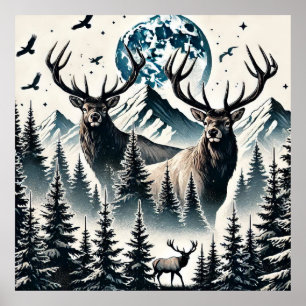 Póster Elk en un bosque místico bajo una montaña iluminad