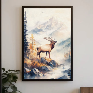 Póster Elk in Mountain Forest Scenera Estética de la Natu