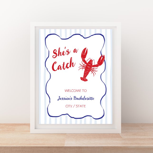 Póster Ella es un cartel de bienvenida de langosta para d (She’s a Catch Lobster Bachelorette Welcome Poster)