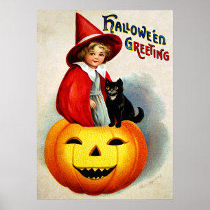 Póster Ellen H. Clapsaddle: Bruja en Jack O'Lantern