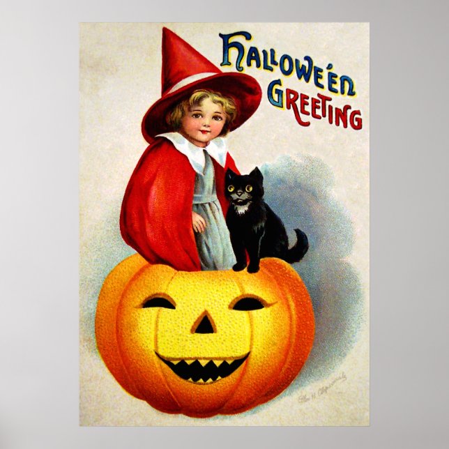 Póster Ellen H. Clapsaddle: Bruja en Jack O'Lantern (Frente)