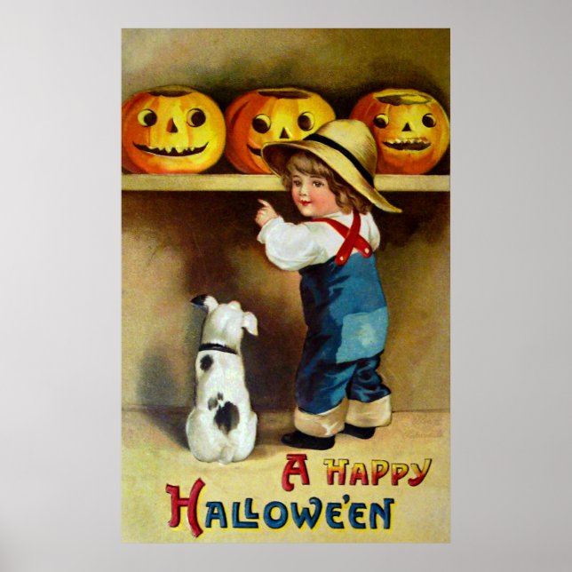 Póster Ellen H. Clapsaddle: Niño, perro y Jack O'Lanterns (Frente)