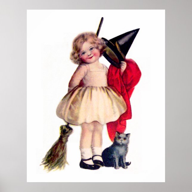 Póster Ellen H. Clapsaddle: Pequeña Bruja con Gato (Frente)