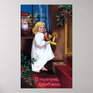 Póster Ellen H. Clapsaddle: Santa Mirando a través de la