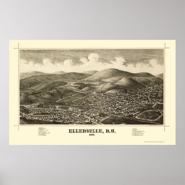 Póster Ellenville, Mapa Panorámico de Nueva York - 1887 (Frente)