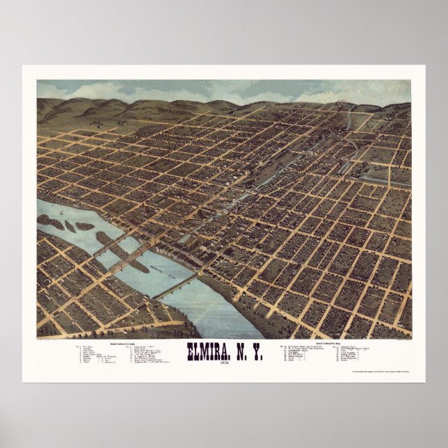 Póster Elmira, Mapa Panorámico de Nueva York - 1873 (Frente)