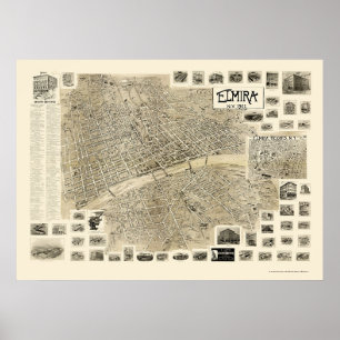 Póster Elmira, mapa panorámico de NY - 1901