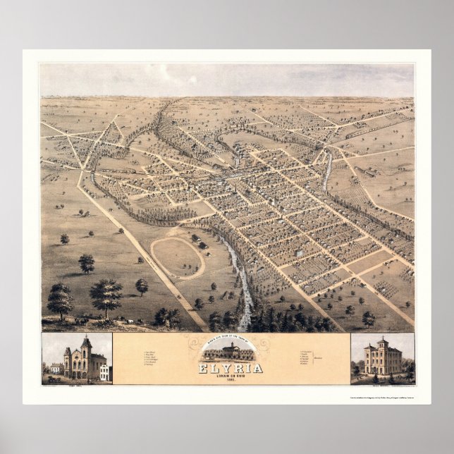 Póster Elyria, OH Mapa Panorámico - 1868 (Frente)