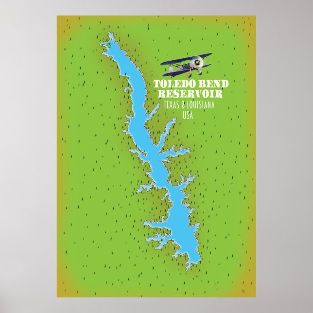 Póster embalse de Toledo Bend Texas & Louisiana Mapa (Frente)