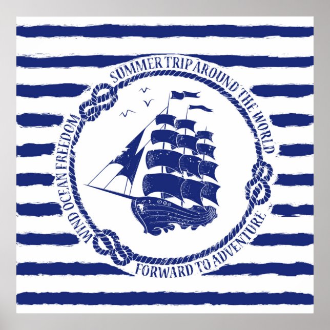 Póster Emblema Náutico Con Barco De Vela (Frente)