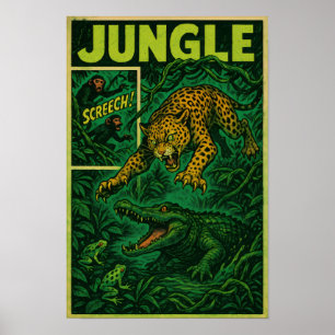 Póster Emboscada de selva - Comic retro de jaguar contra 