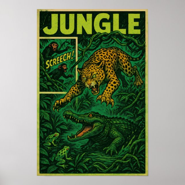Póster Emboscada de selva - Comic retro de jaguar contra  (Frente)