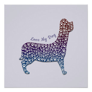 Póster Embossed Indigo Gradient Paw Print Dog Outline