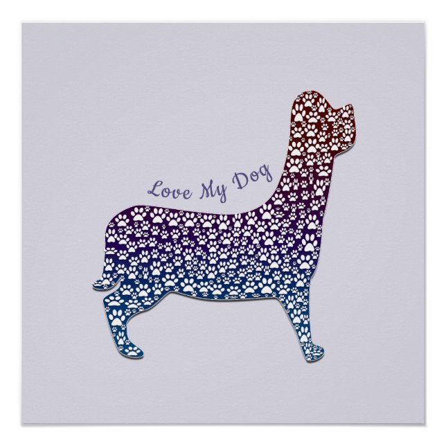 Póster Embossed Indigo Gradient Paw Print Dog Outline (Anverso)