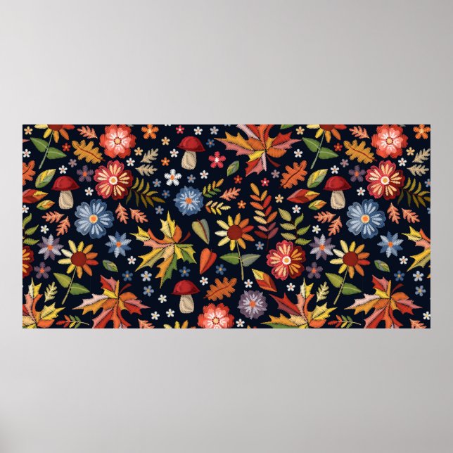Póster Embroiderado patrón sin fisuras con hermosas flore (Frente)