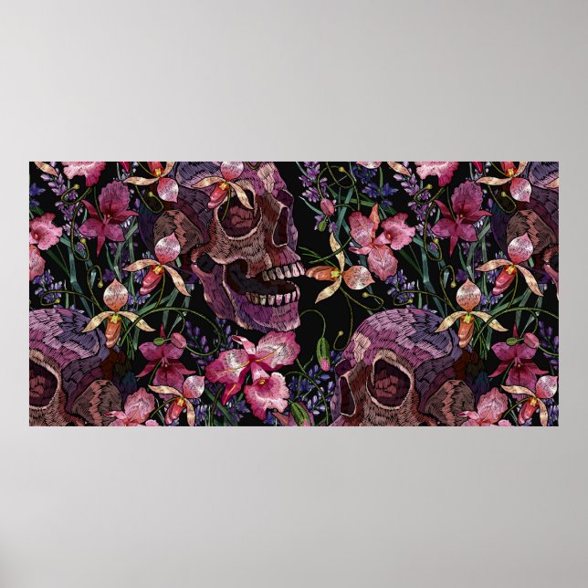 Póster Embroidery human skull and pink orchid flowers pat (Frente)