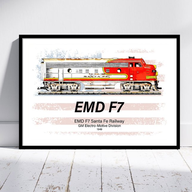 Póster EMD F7 Santa Fe Warbonnet con bandera americana. (EMD F7 Santa Fe Warbonnet with American Flag. Poster)