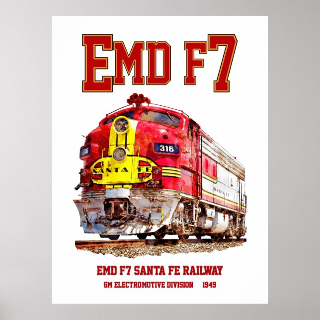 Póster EMD F7 Santa Fe Warbonnet Diesel Locomotive. (Frente)