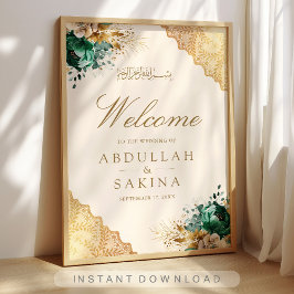 Póster Emerald Floral Gold Muslim Wedding Welcome