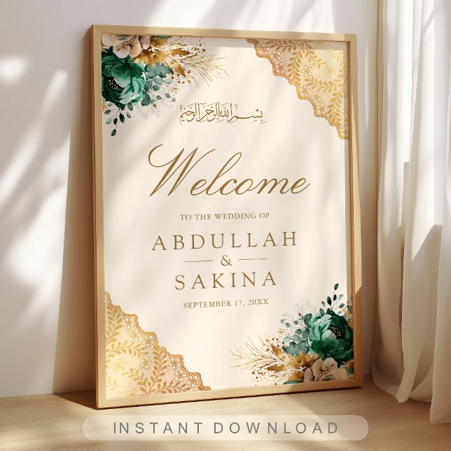 Póster Emerald Floral Gold Muslim Wedding Welcome (Subido por el creador)
