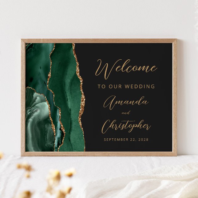 Póster Emerald Green Agate Gold Script Wedding Welcome (Subido por el creador)