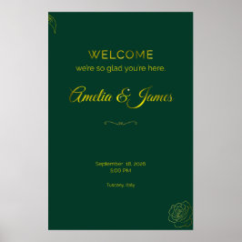 Póster Emerald Green and Gold Leaf Wedding Welcome Sign