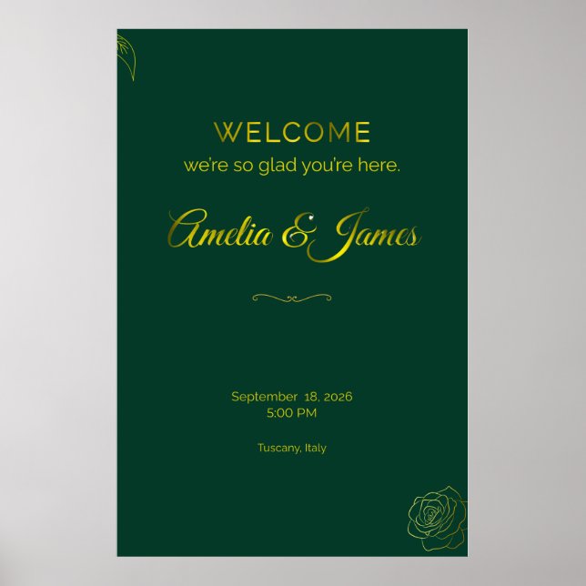 Póster Emerald Green and Gold Leaf Wedding Welcome Sign (Frente)