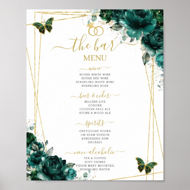 Póster Emerald Green Floral Wedding Bar Cocktail Menu (Frente)