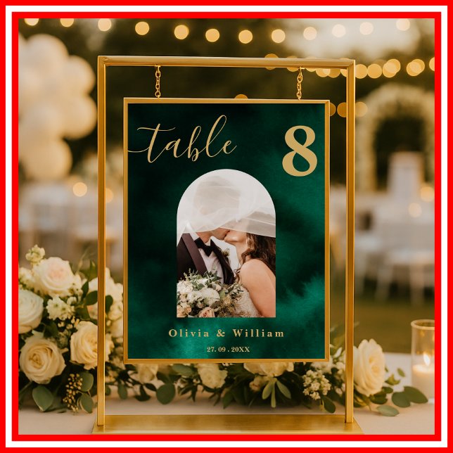 Póster Emerald Green & Gold Wedding PHOTO Table Number  (Subido por el creador)
