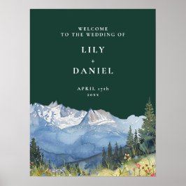 Póster Emerald Green Mountain Floral Wedding Welcome Sign