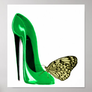 Póster Emerald Green Stiletto and Butterfly Art Poster