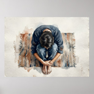 Póster emocional de acuarela con figura azul