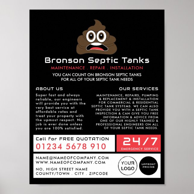 Póster Emoji Poop, Compañía séptica, anuncio de ingeniero (Frente)