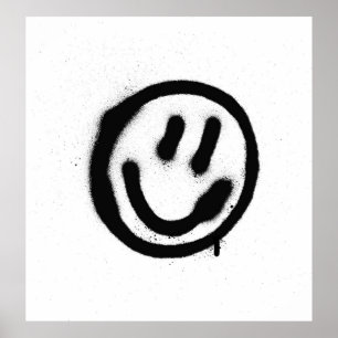 Póster emoticono facial sonriente de graffiti en negro so
