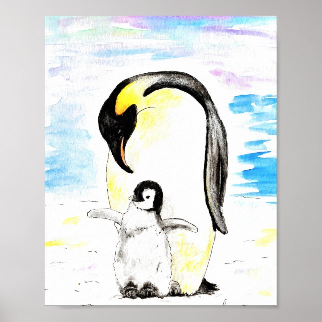 Póster Emperor Penguin and Chick Watercolor Painting (Frente)