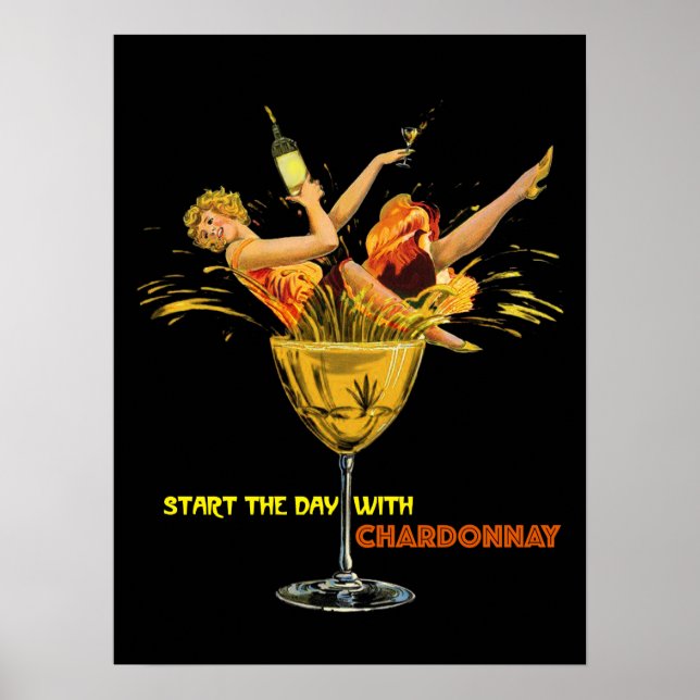 Póster Empieza El Día Con Chardonnay. Chica en vidrio.Neg (Frente)