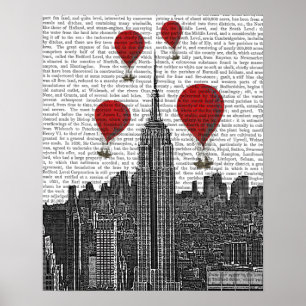 Póster Empire State Building and Red Hot Air Balloons