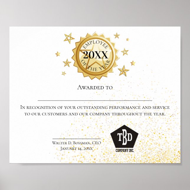 Póster Empleado del emblema dorado del certificado del añ (Frente)