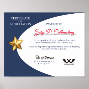 Póster Empleado voluntario del certificado de apreciación